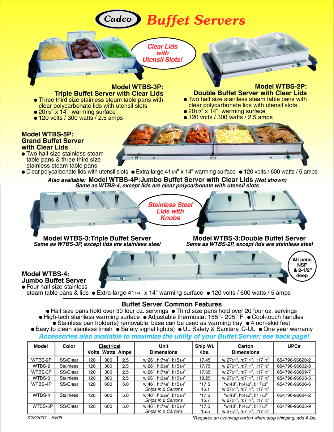 Cadco WTBS-5P, WTBS-2P, WTBS-3 warranty Buffet Servers, Clear Lids With Utensil Slots, Stainless Steel Lids with Knobs 