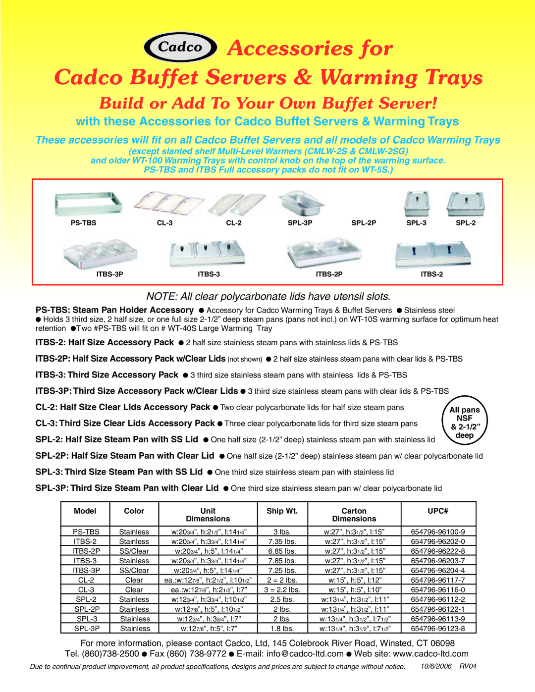 Cadco WTBS-2P, WTBS-5P, WTBS-4P, WTBS-3P warranty Accessories for Cadco Buffet Servers & Warming Trays, Nsf 