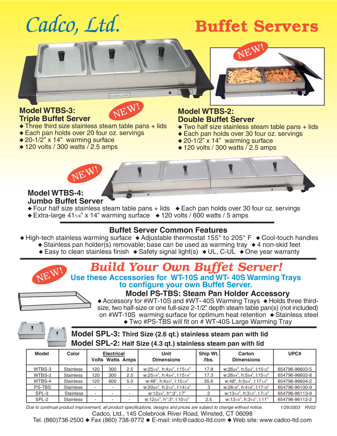 Cadco WTBS-4 warranty Model WTBS-3, Triple Buffet Server, Model WTBS-2 Double Buffet Server, Buffet Server Common Features 