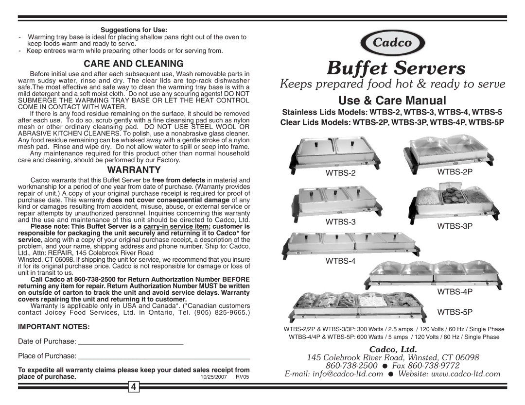 Cadco WTBS-5 warranty Care and Cleaning, Warranty, Important Notes, Suggestions for Use 