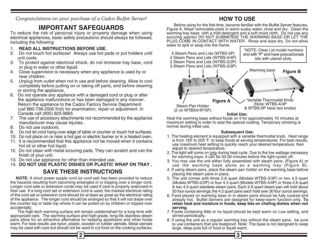 Cadco WTBS-5 HOW to USE, Read ALL Instructions Before USE, Do not USE Plastic Dishes or Plastic Wrap on Tray, Initial Use 