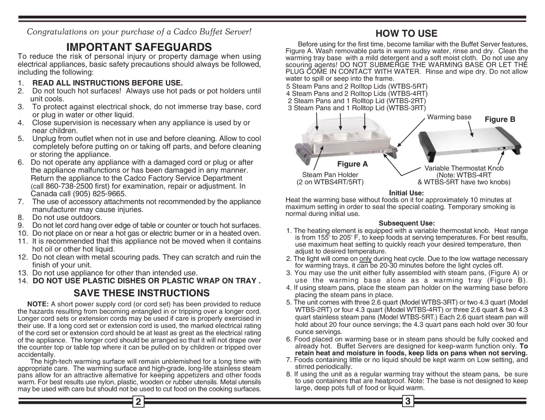 Cadco WTBS-4RT, WTBS-5RT HOW to USE, Read ALL Instructions Before USE, Do not USE Plastic Dishes or Plastic Wrap on Tray 