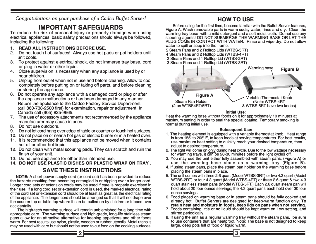 Cadco WTBS-4RT Save These Instructions, How To Use, Read All Instructions Before Use, Figure A, Important Safeguards 