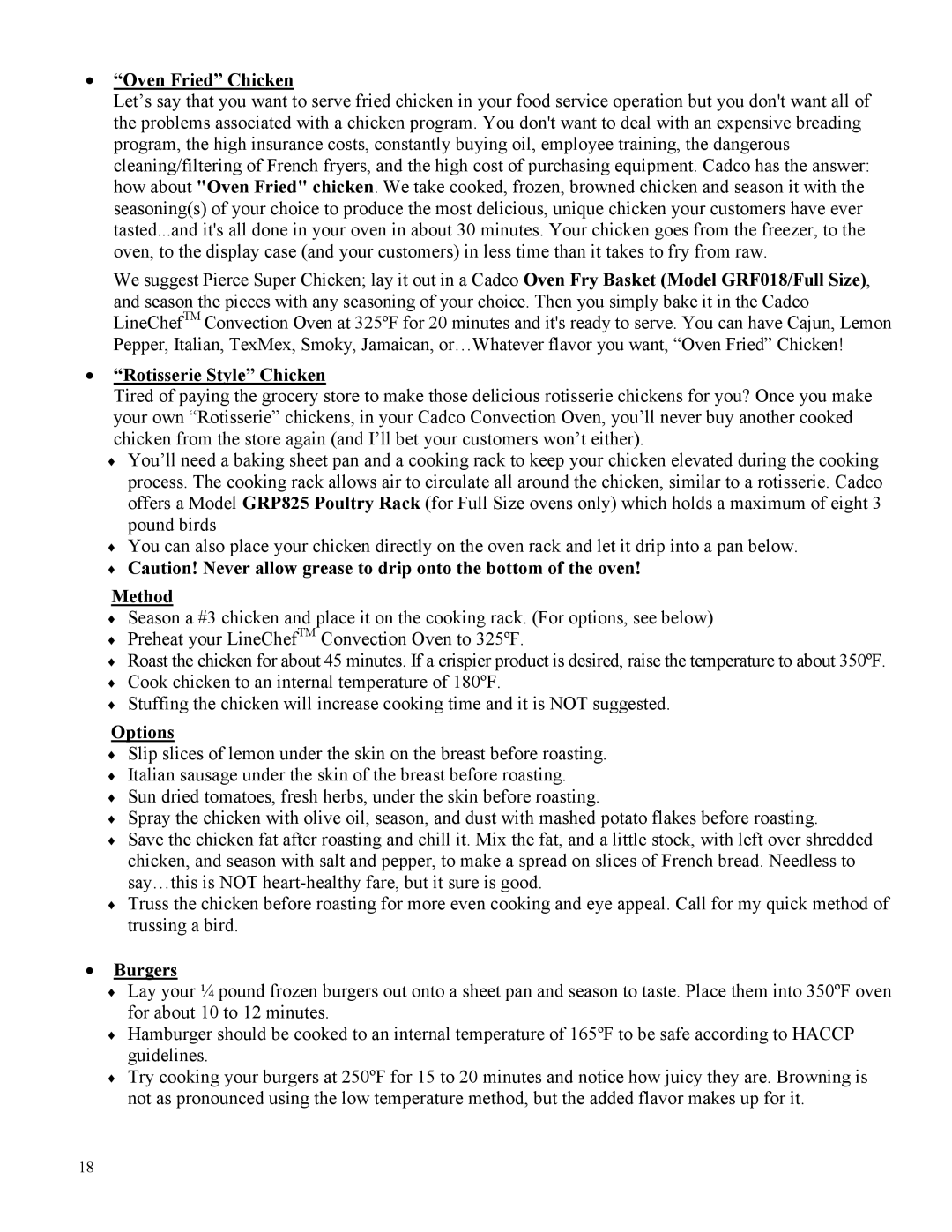 Cadco XAF-188, XAF-115, XAF-195, XAF-135, XAF-130 Oven Fried Chicken, Rotisserie Style Chicken, Method, Options, Burgers 