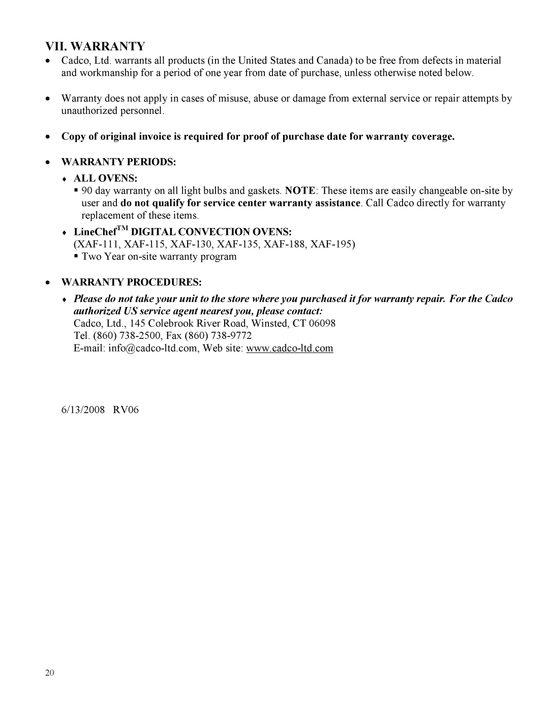 Cadco XAF-115, XAF-195 VII. Warranty, Warranty Periods ALL Ovens, LineChefTM Digital Convection Ovens, Warranty Procedures 