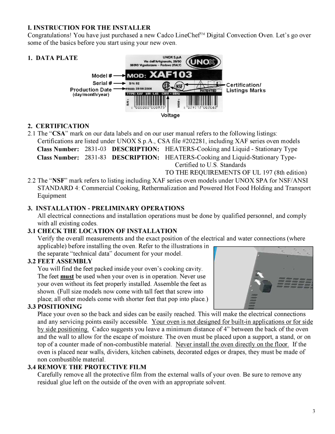 Cadco XAF-188 Instruction for the Installer, Data Plate Certification, Installation Preliminary Operations, Feet Assembly 