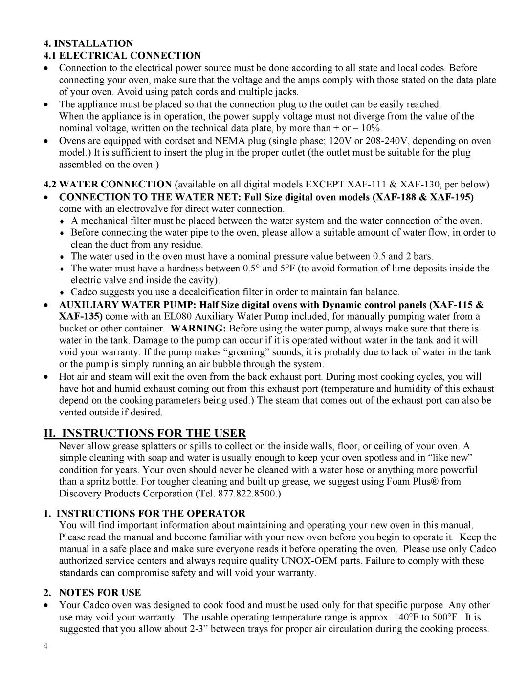 Cadco XAF-130, XAF-115 II. Instructions for the User, Installation Electrical Connection, Instructions for the Operator 