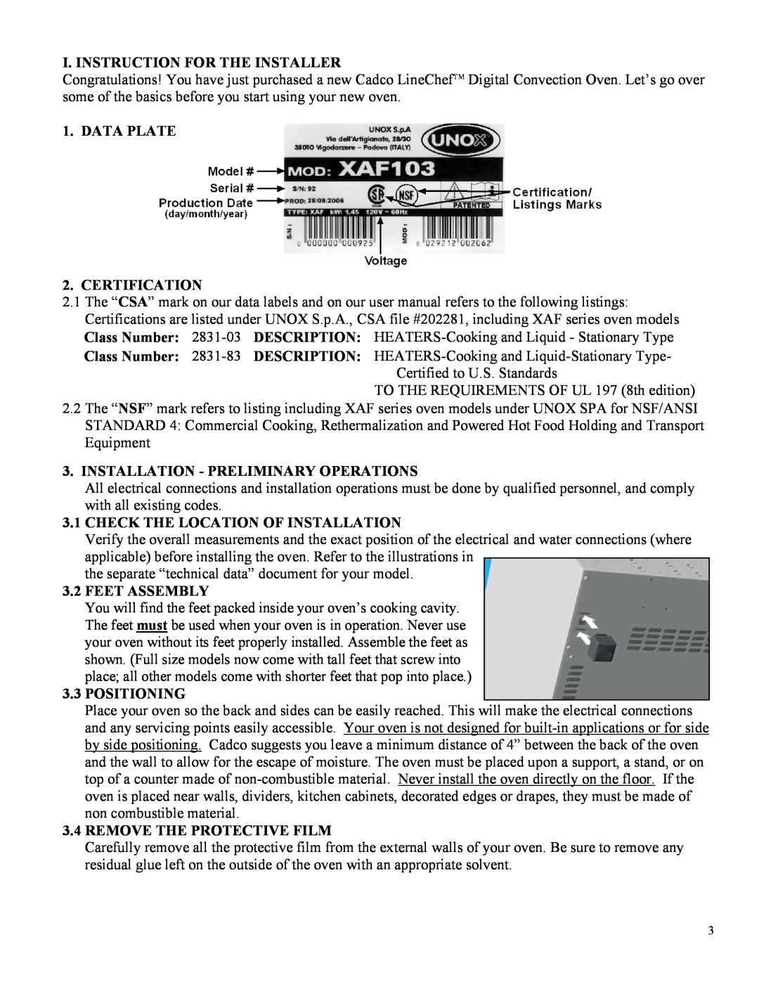 Cadco XAF-188 I. Instruction For The Installer, DATA PLATE 2. CERTIFICATION, Installation - Preliminary Operations 