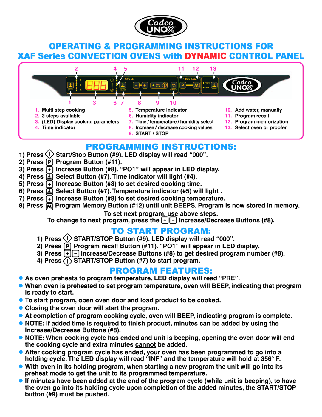 Cadco manual Operating & Programming Instructions for, XAF Series Convection Ovens with Dynamic Control Panel 