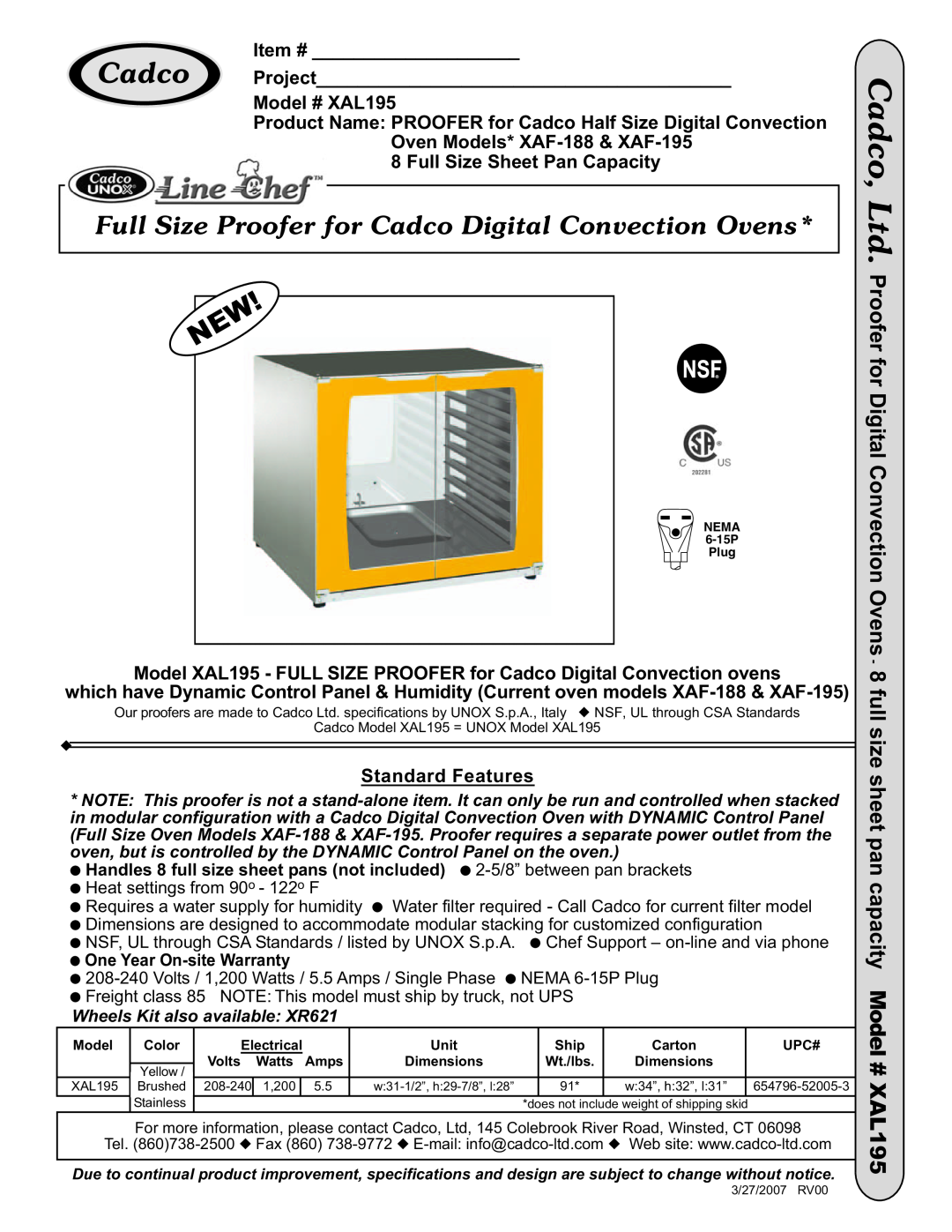 Cadco XAL-195 specifications for Digital Convection Ovens, Model # XAL195, Item #, Project, Oven Models* XAF-188& XAF-195 