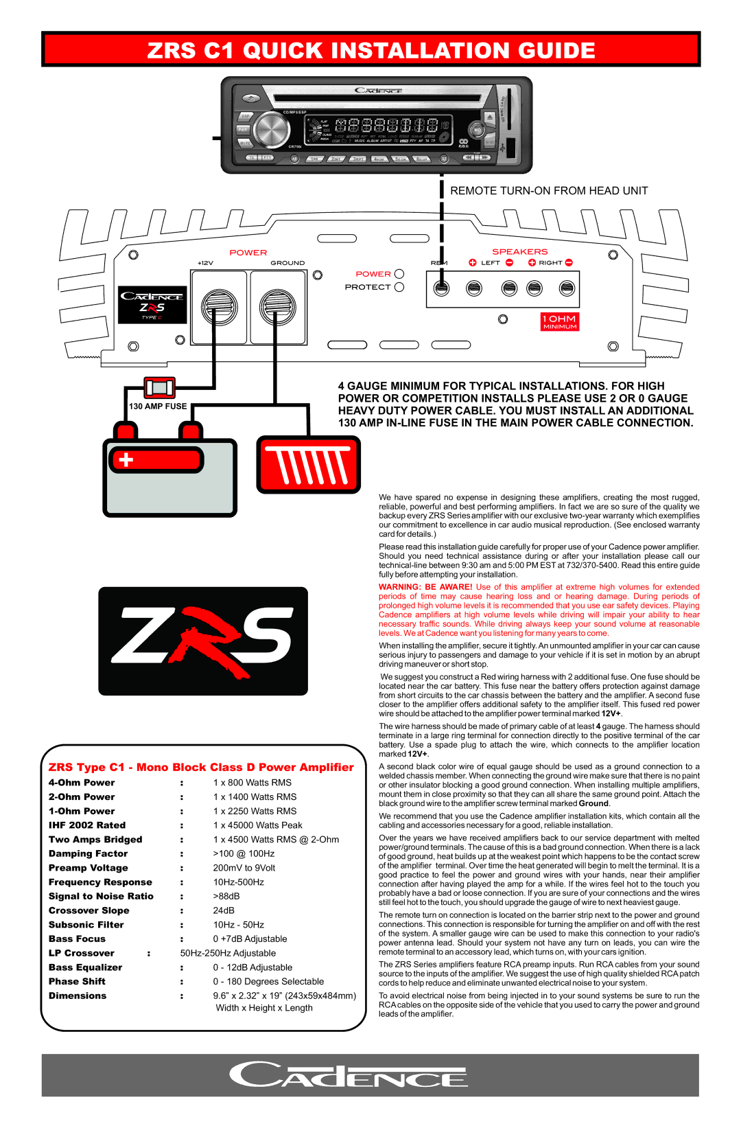 Cadence dimensions ZRS C1 Quick Installation Guide, ZRS Type C1 Mono Block Class D Power Amplifier 