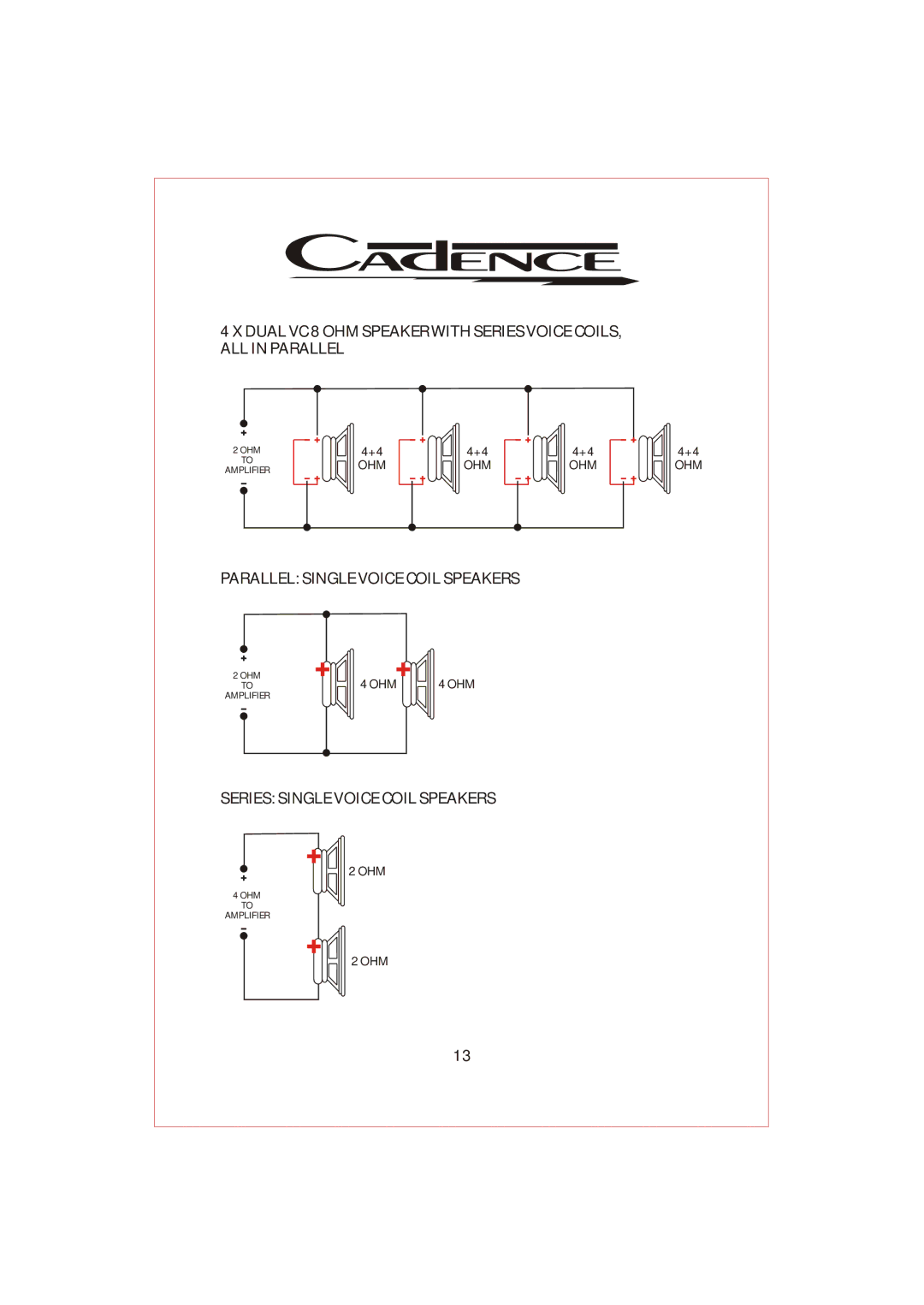 Cadence M7000 manual Parallel Single Voice Coil Speakers 