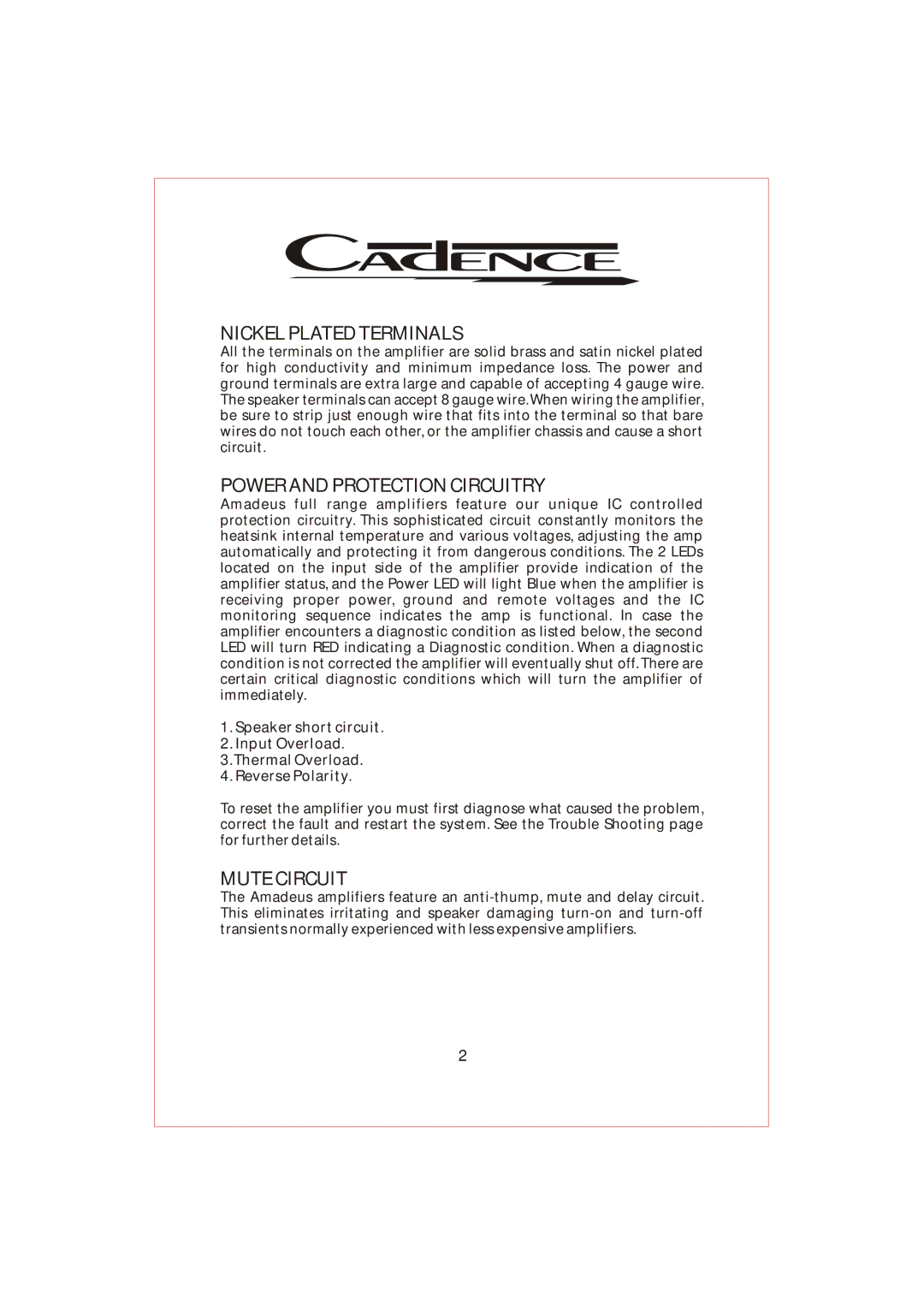 Cadence M7000 manual Nickel Plated Terminals, Power and Protection Circuitry, Mute Circuit 