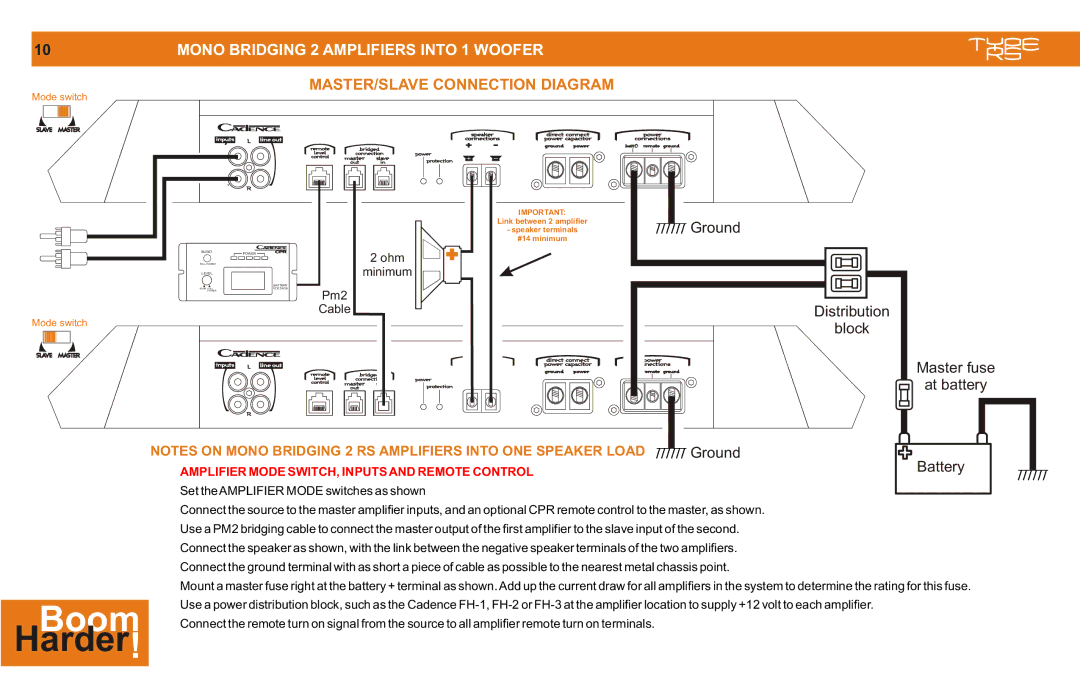 Cadence MONO CLASS D manual Mono Bridging 2 Amplifiers Into 1 Woofer, MASTER/SLAVE Connection Diagram 