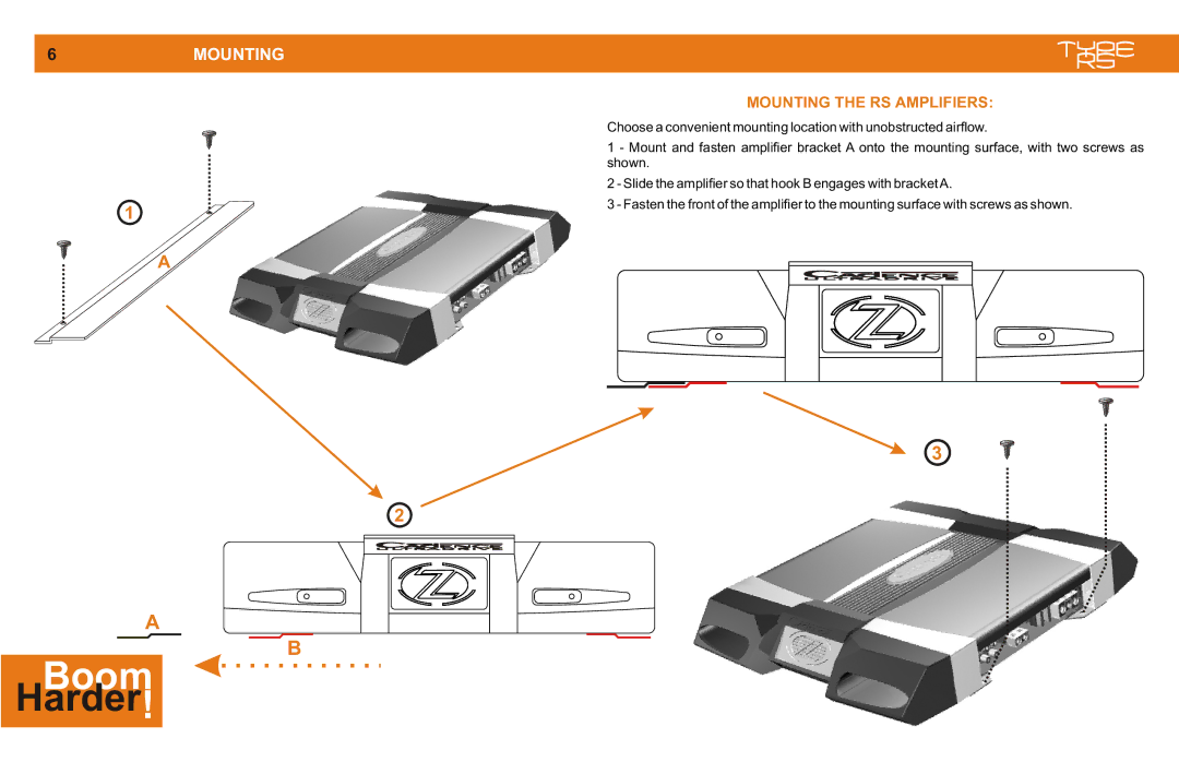 Cadence MONO CLASS D manual 6MOUNTING, Mounting the RS Amplifiers 