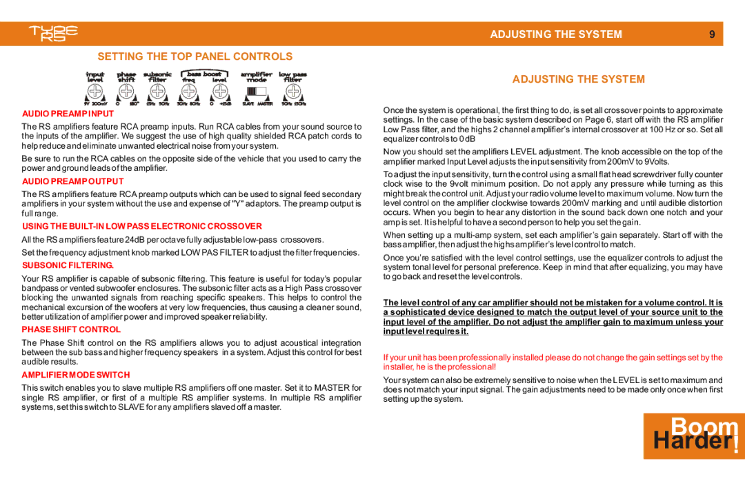 Cadence MONO CLASS D manual Setting the TOP Panel Controls, Adjusting the System 