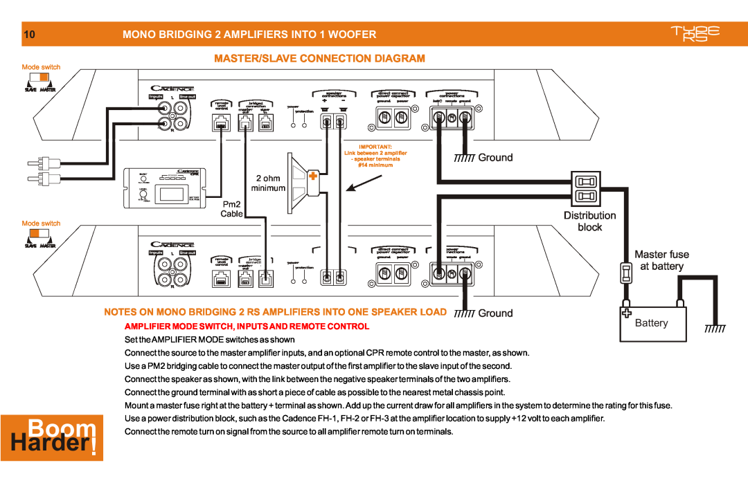 Cadence MONO CLASS D manual Boom, Harder, MONO BRIDGING 2 AMPLIFIERS INTO 1 WOOFER, Master/Slave Connection Diagram, Ground 