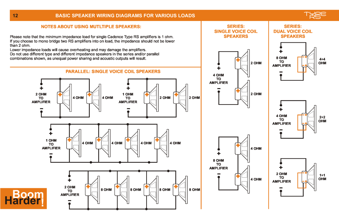 Cadence MONO CLASS D Boom, Harder, Basic Speaker Wiring Diagrams For Various Loads, Notes About Using Mutltiple Speakers 
