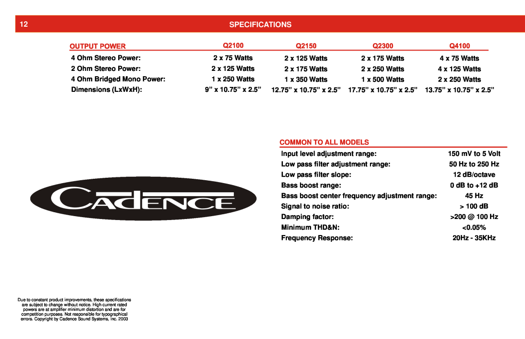 Cadence Q DRIVE SERIES manual Specifications, Common To All Models 