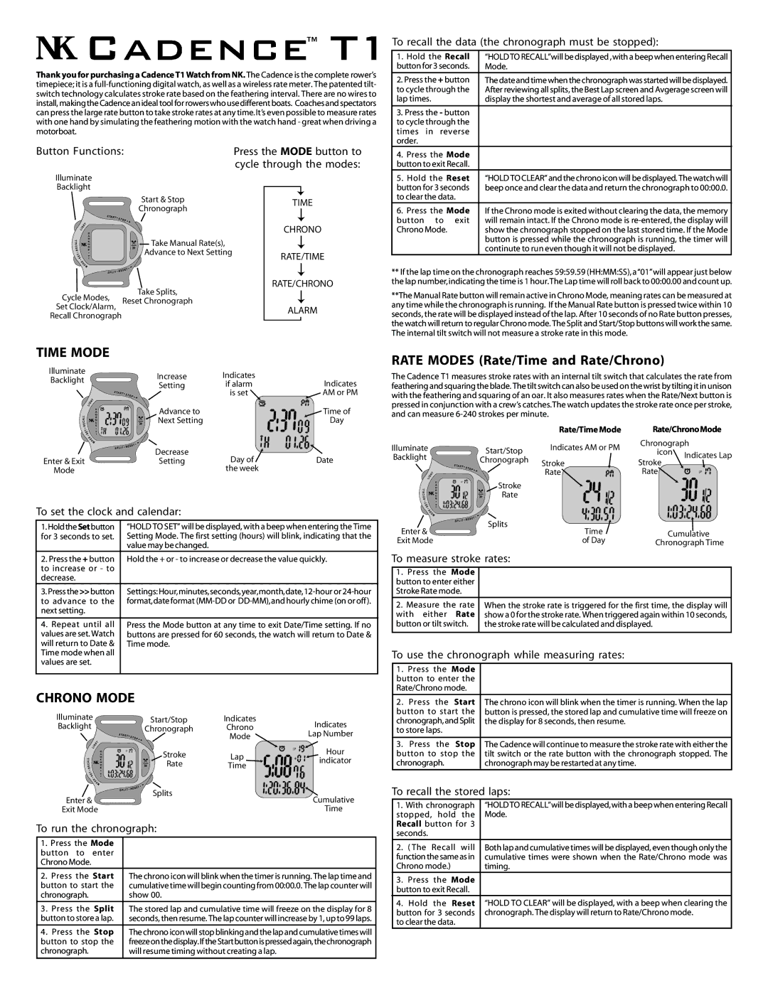 Cadence T1 manual Time Mode, Chrono Mode 