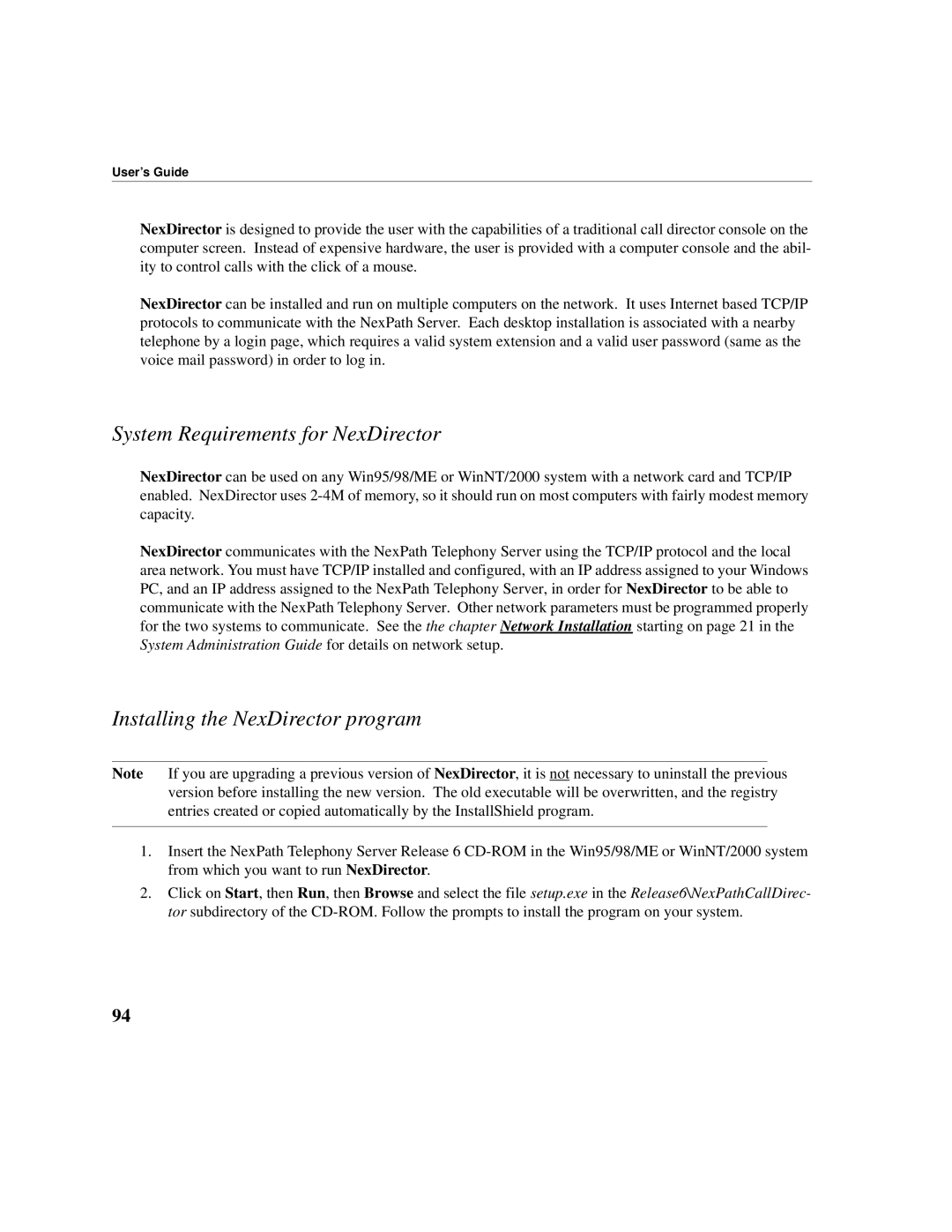 Cadence Telephony manual System Requirements for NexDirector, Installing the NexDirector program 