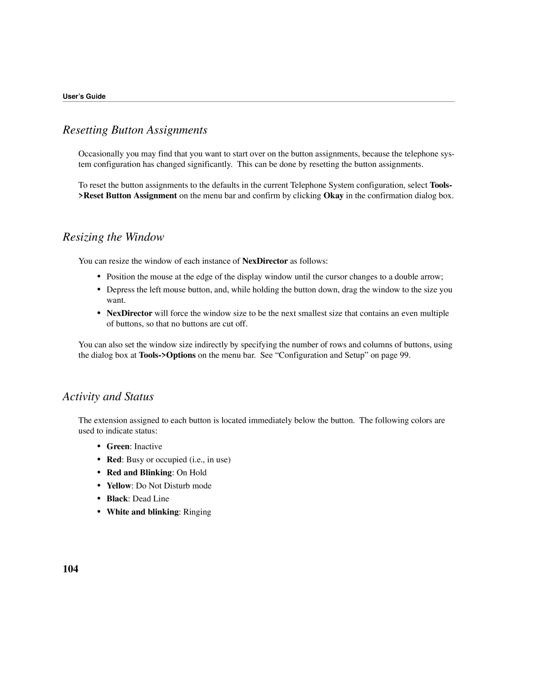 Cadence Telephony manual Resetting Button Assignments, Resizing the Window, Activity and Status, 104 