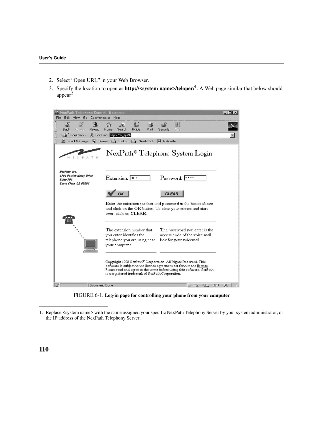 Cadence Telephony manual 110, Log-in page for controlling your phone from your computer 