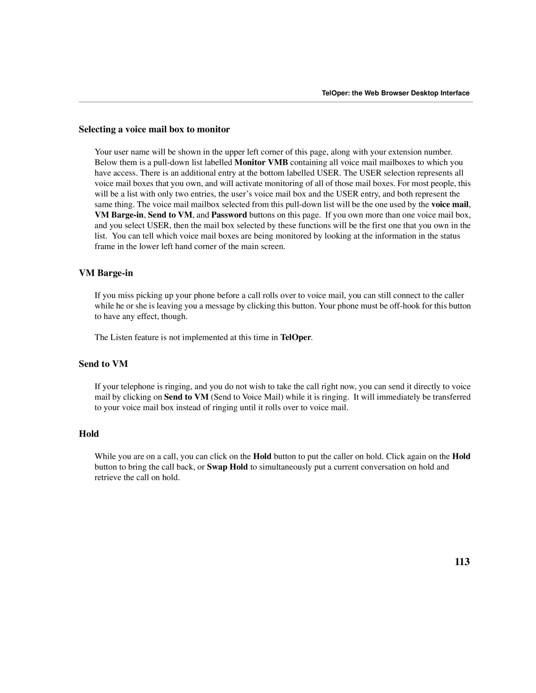 Cadence Telephony manual 113, Selecting a voice mail box to monitor, VM Barge-in, Send to VM, Hold 