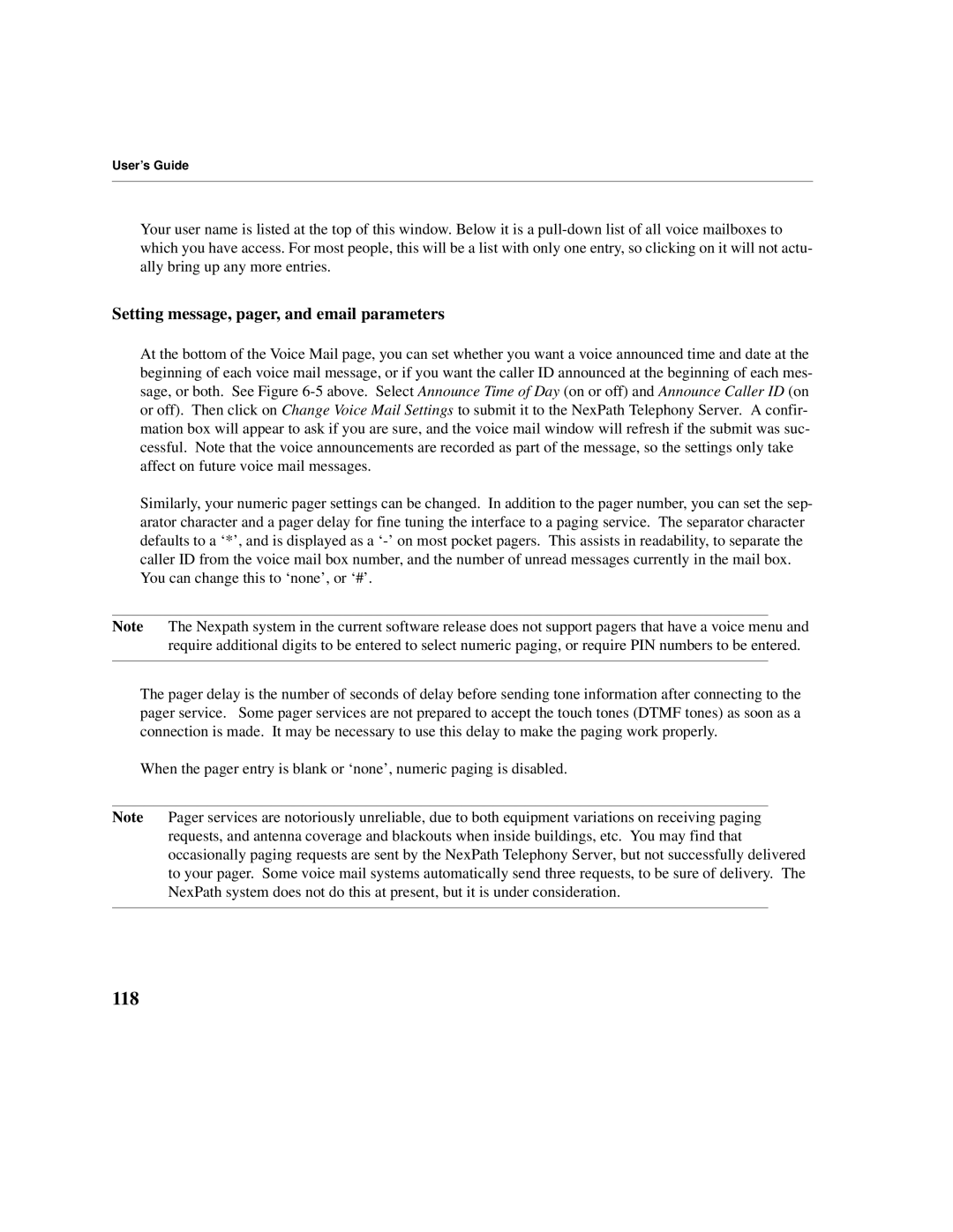 Cadence Telephony manual 118, Setting message, pager, and email parameters 