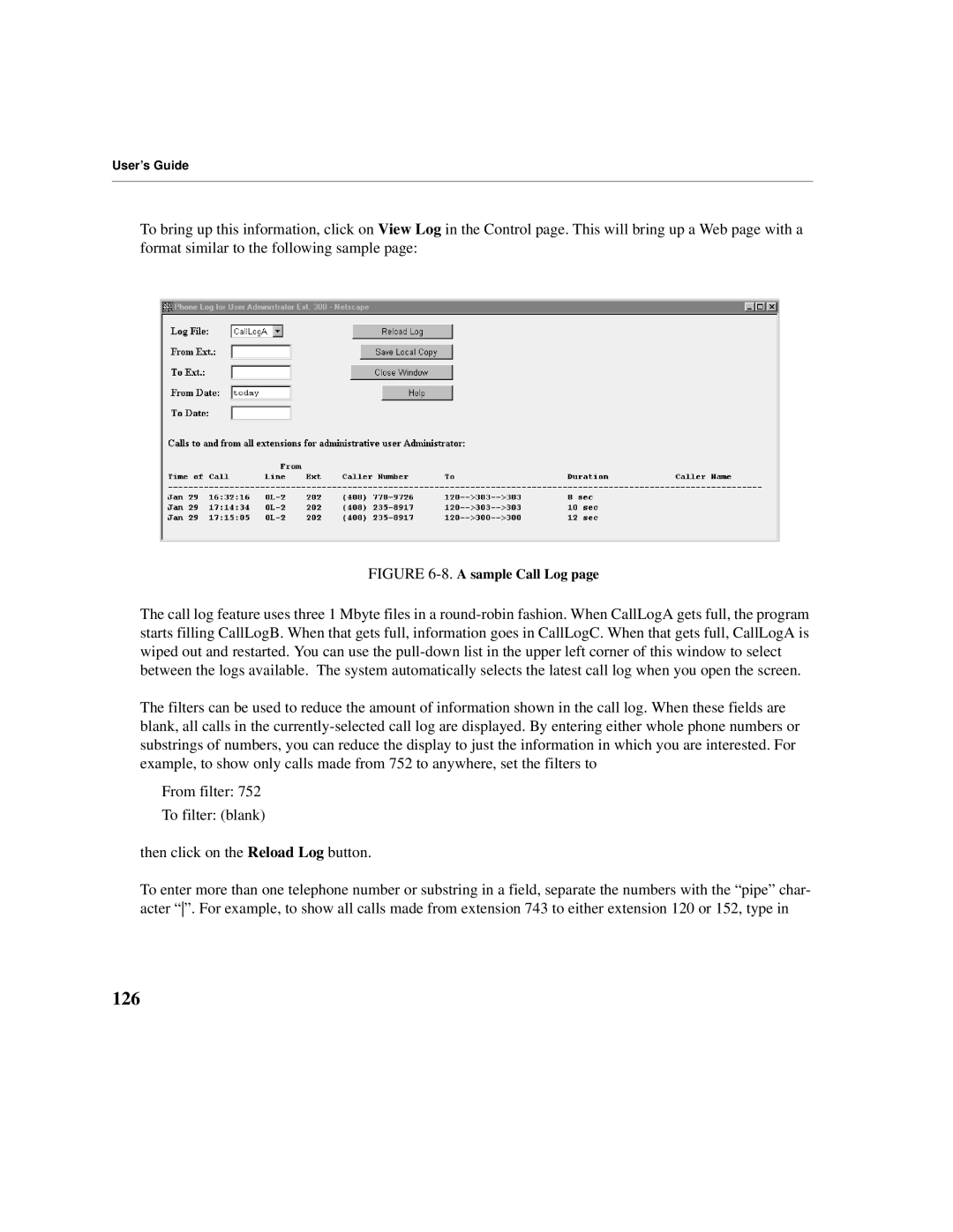 Cadence Telephony manual 126, A sample Call Log 