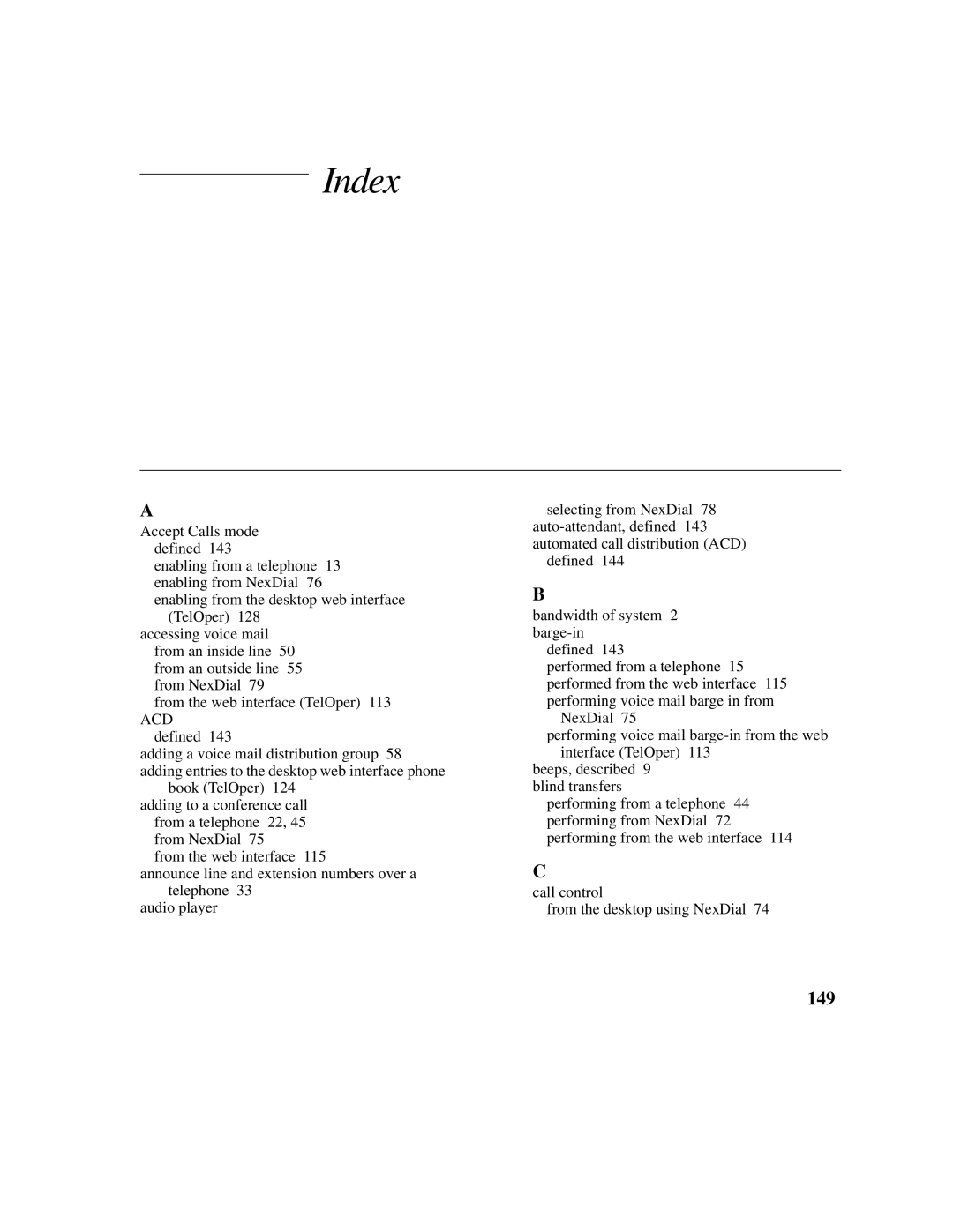 Cadence Telephony manual Index, 149 