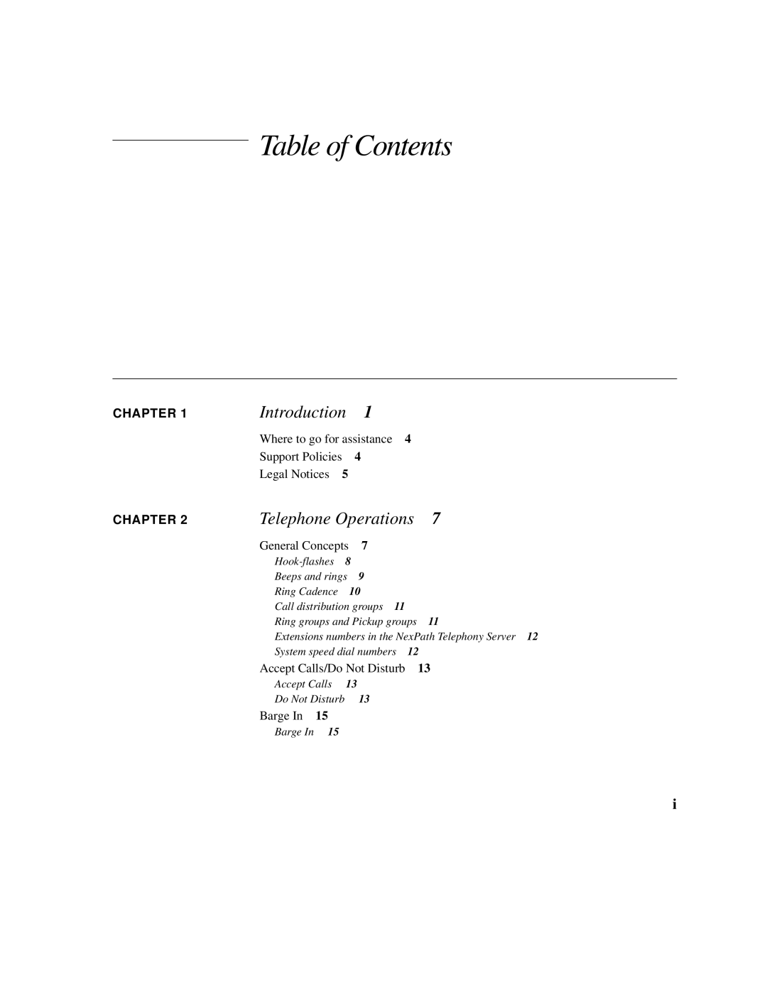 Cadence Telephony manual Table of Contents 