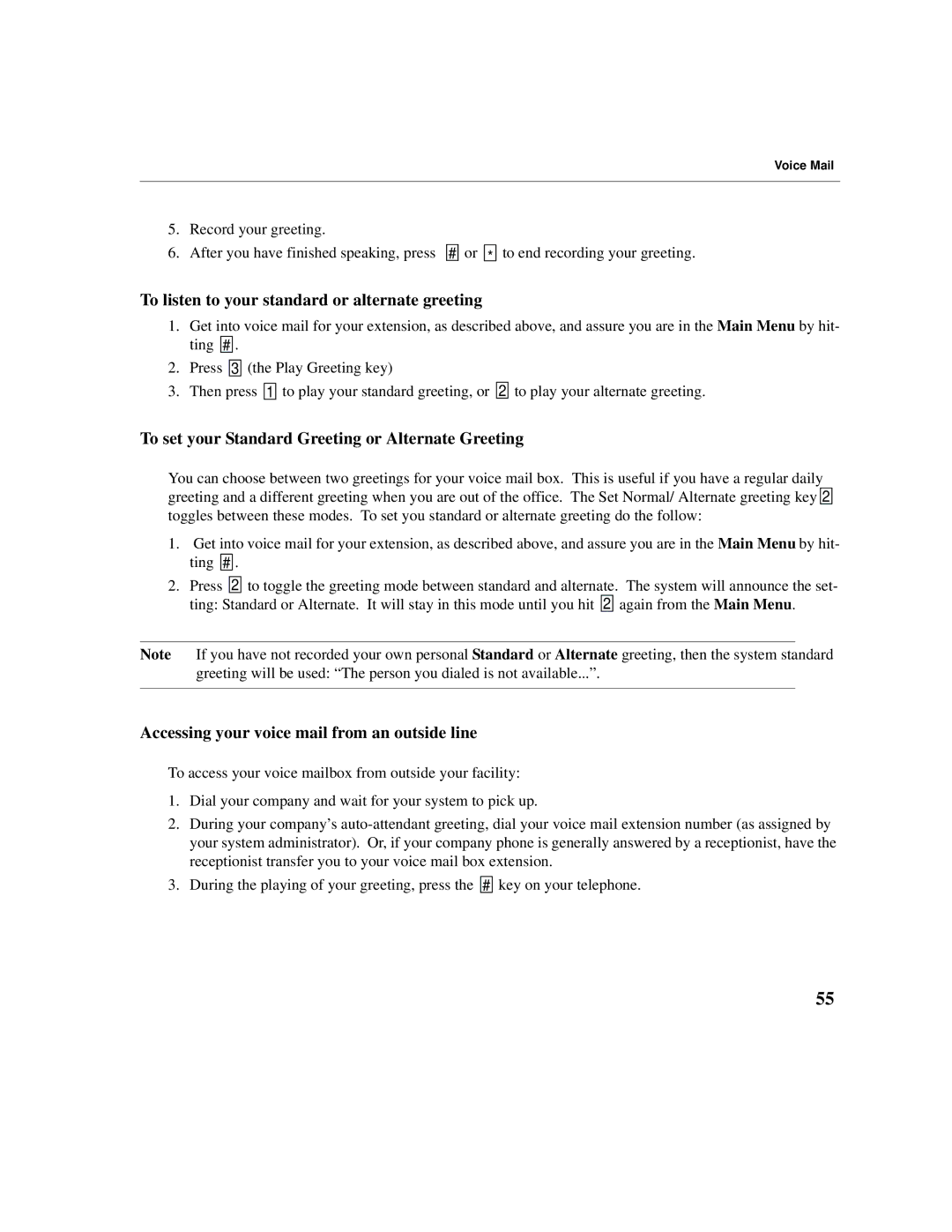 Cadence Telephony To listen to your standard or alternate greeting, To set your Standard Greeting or Alternate Greeting 