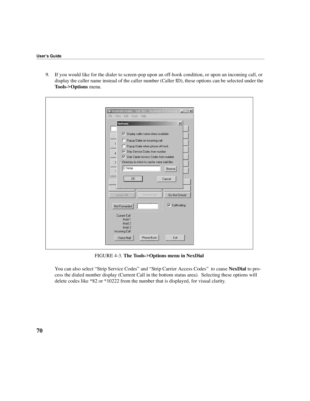 Cadence Telephony manual Tools-Options menu in NexDial 