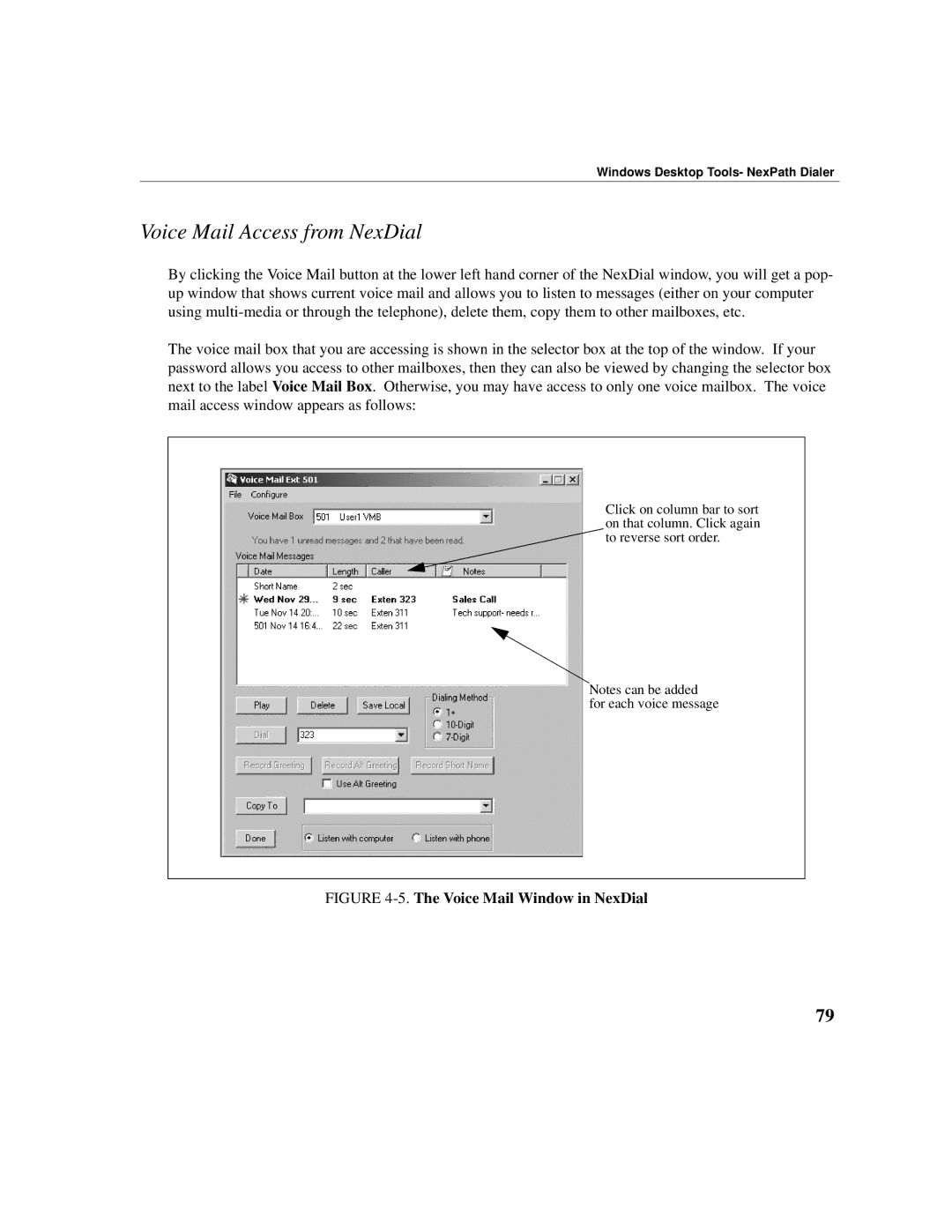 Cadence Telephony manual Voice Mail Access from NexDial, Voice Mail Window in NexDial 