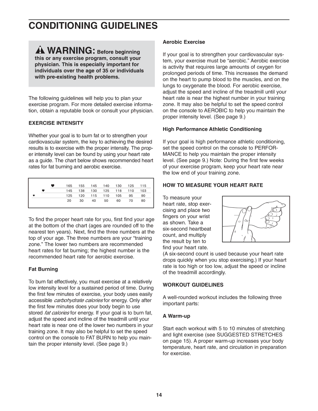 Cadence WCTL2982.0 Conditioning Guidelines, Exercise Intensity, HOW to Measure Your Heart Rate, Workout Guidelines 