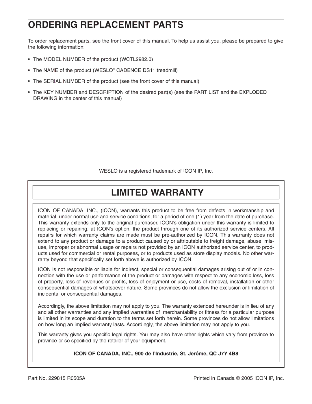 Cadence WCTL2982.0 user manual Ordering Replacement Parts, Limited Warranty 