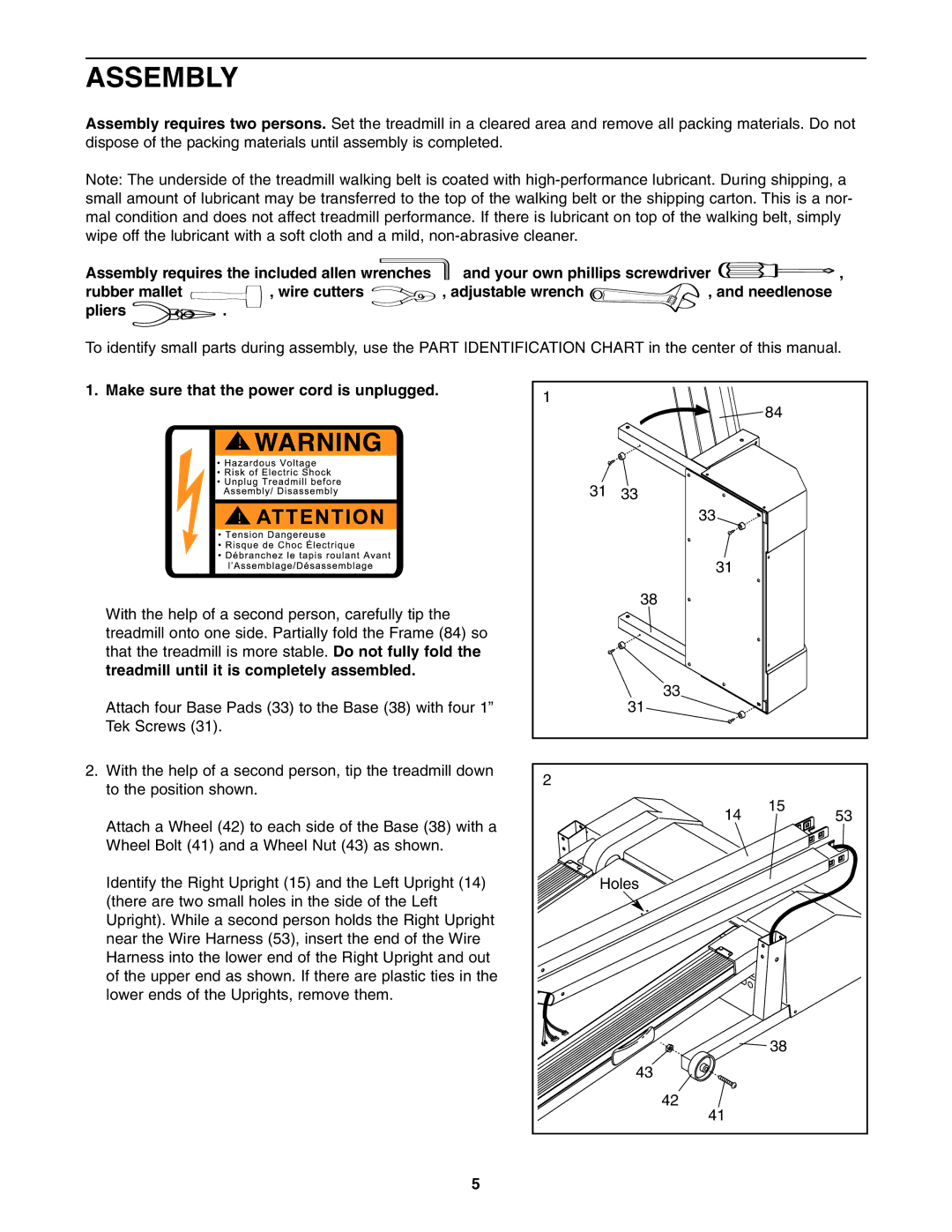 Cadence WCTL2982.0 user manual Assembly, Pliers, Treadmill until it is completely assembled 