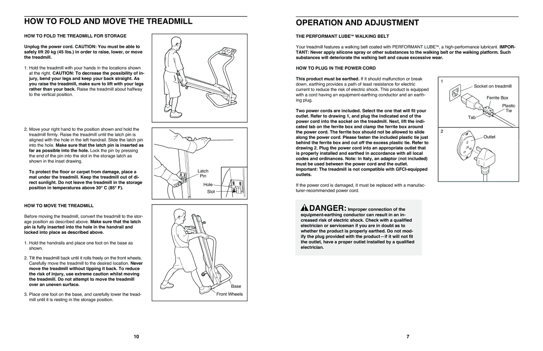 Cadence WETL21021 user manual HOW to Fold and Move the Treadmill, Operation and Adjustment 