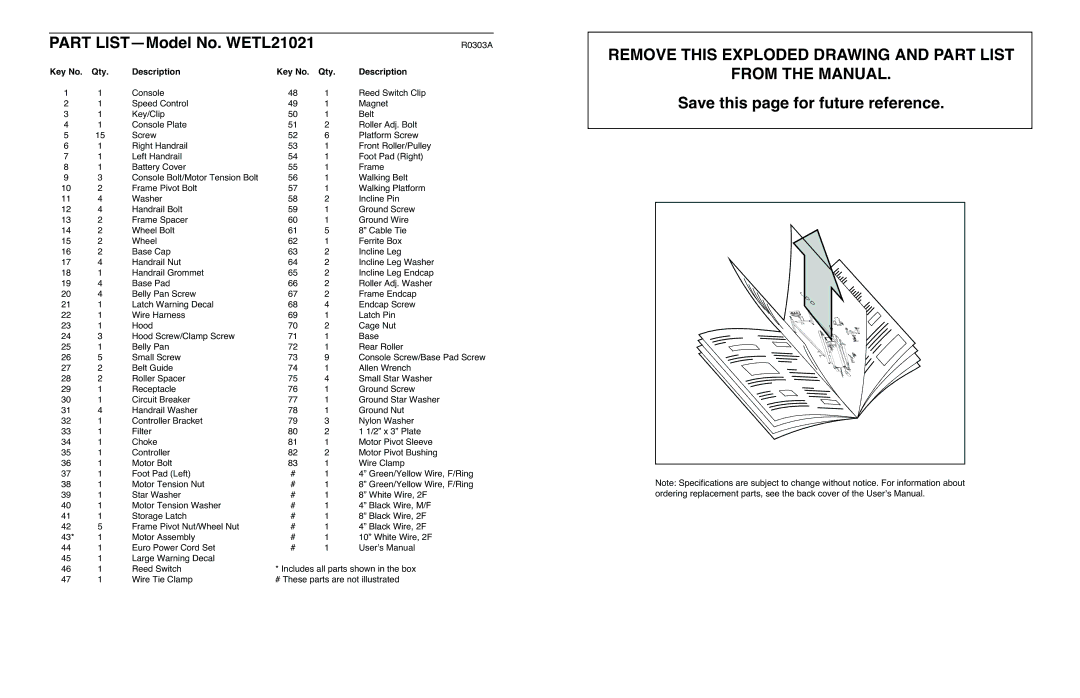 Cadence WETL21021 user manual Remove this Exploded Drawing and Part List From the Manual, Qty Description 