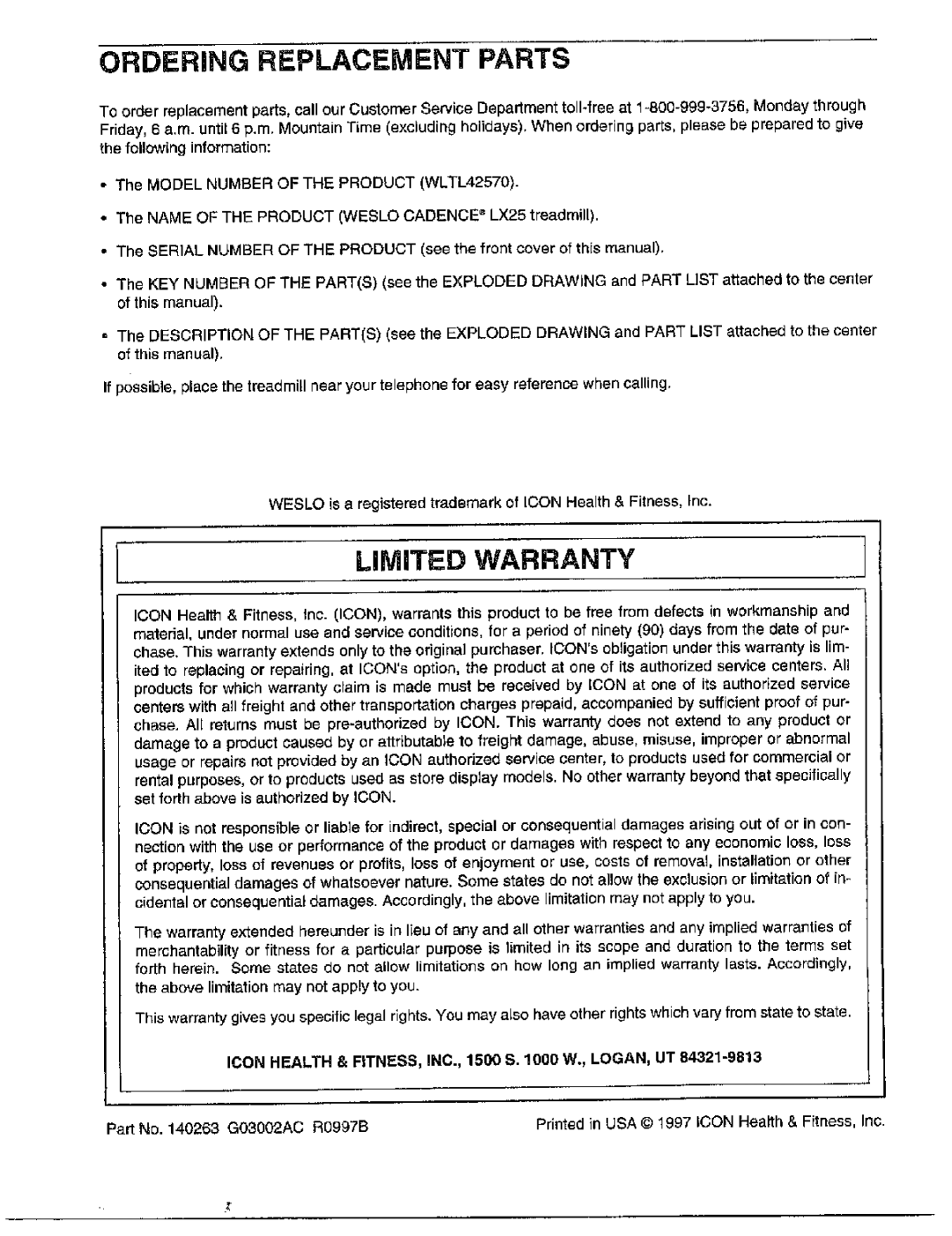 Cadence user manual Ordering Replacement Parts, Limited Warranty, Model Number of the Product WLTL42570 