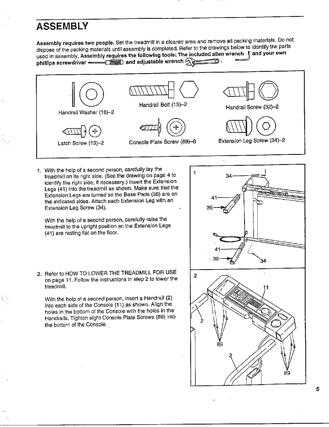 Cadence WLTL42570 user manual Assembly, Handrail Washer Handrai Screw, Console pJate Screw Extension Leg Screw 