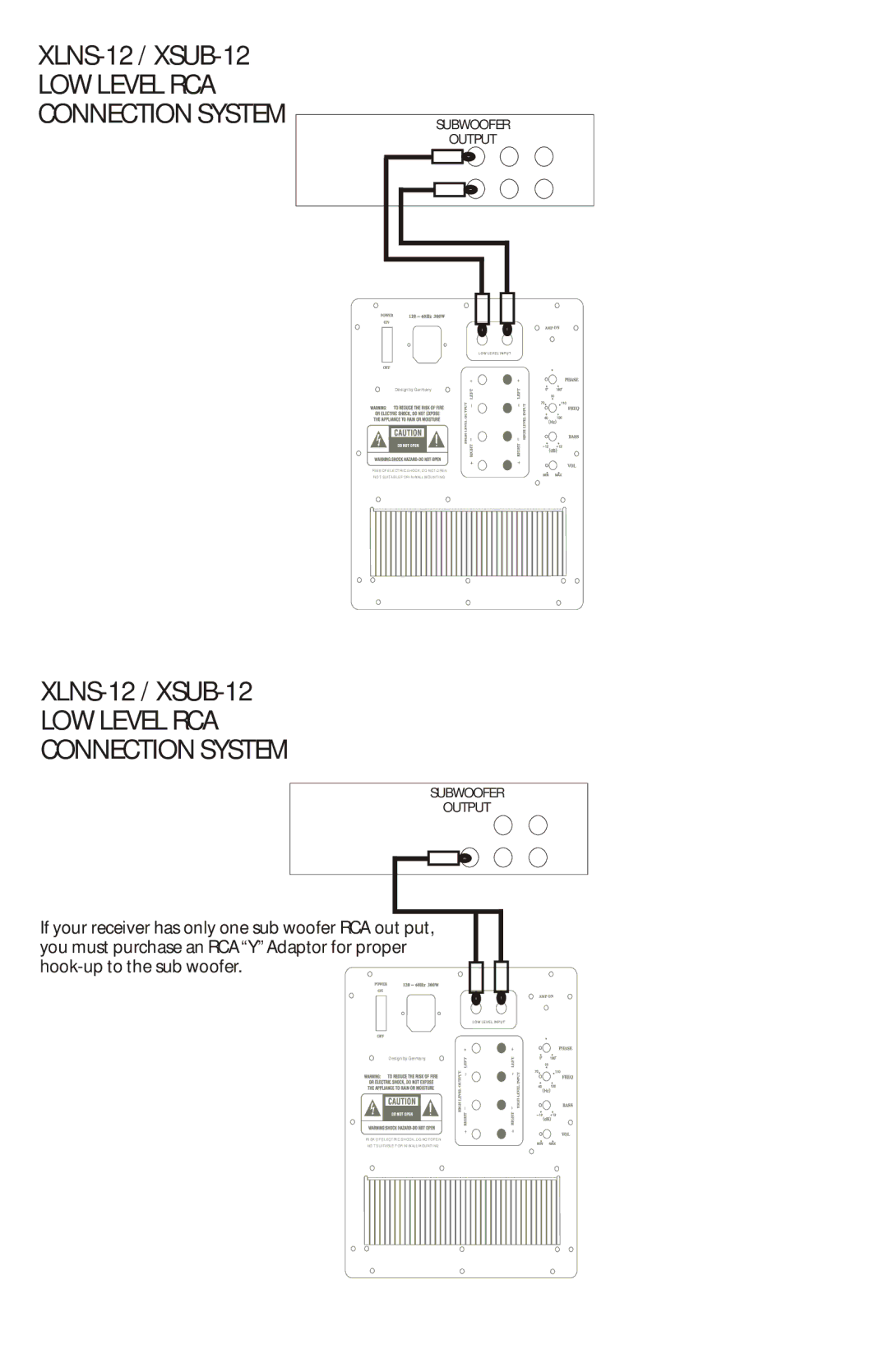 Cadence XLNS-12, XSUB-12 manual LOW Level RCA Connection System, Subwoofer Output 