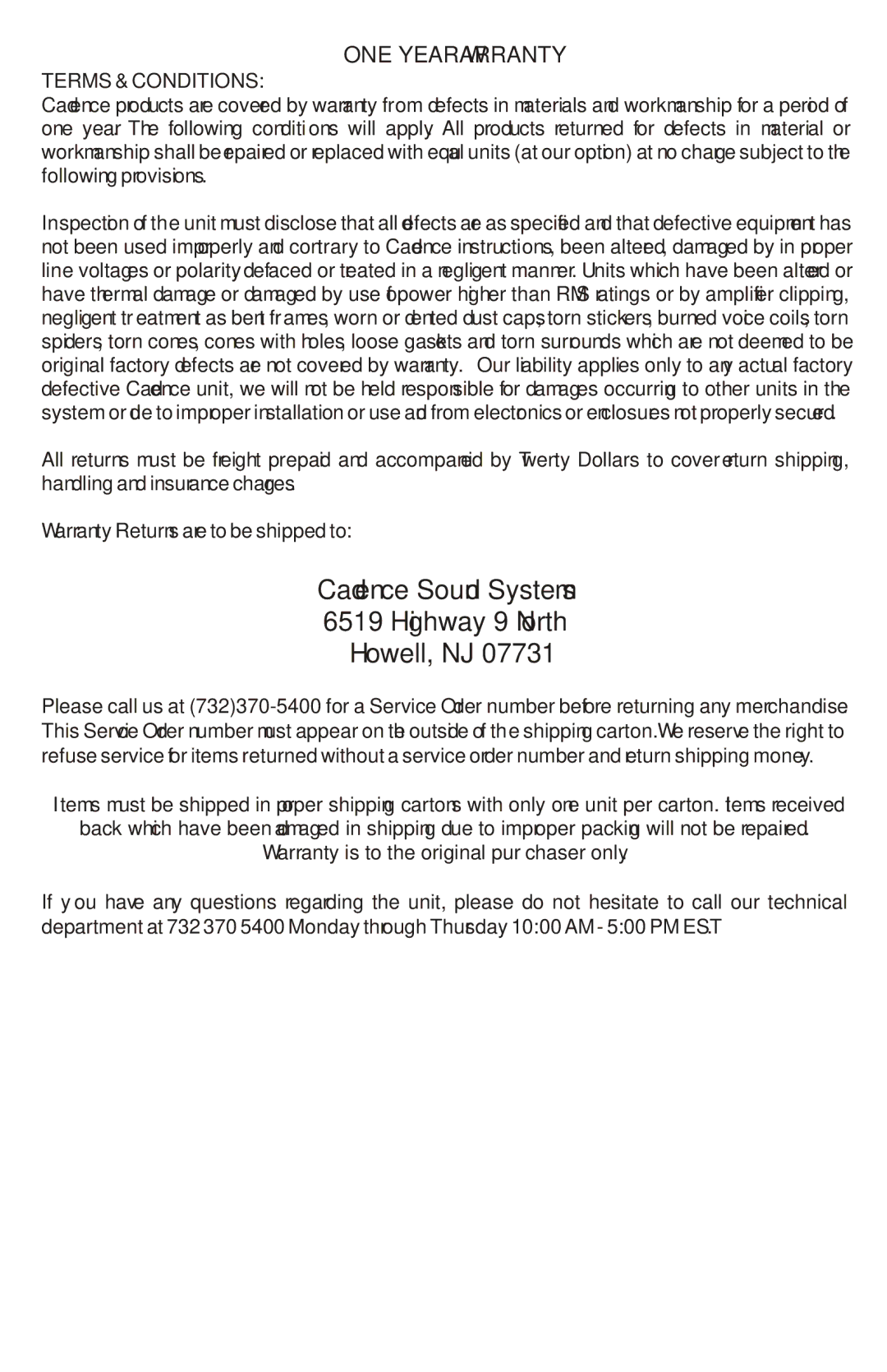 Cadence XSUB-12, XLNS-12 manual Cadence Sound Systems Highway 9 North Howell, NJ 