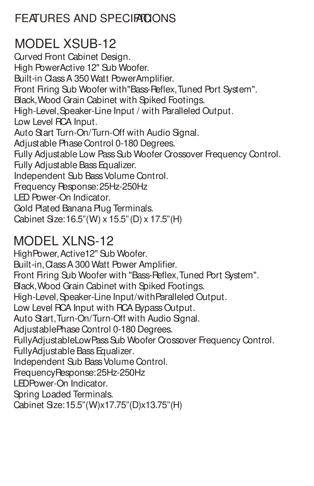 Cadence XLNS-12 manual Model XSUB-12 