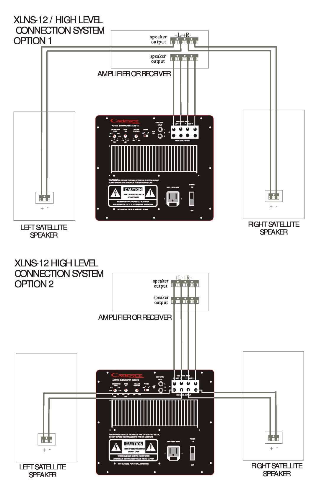 Cadence XSUB-12 manual Left Satellite, Speaker, speaker, output, ACTIVE SUBWOOFER XLNS-12, Risk Of Electric Shock 