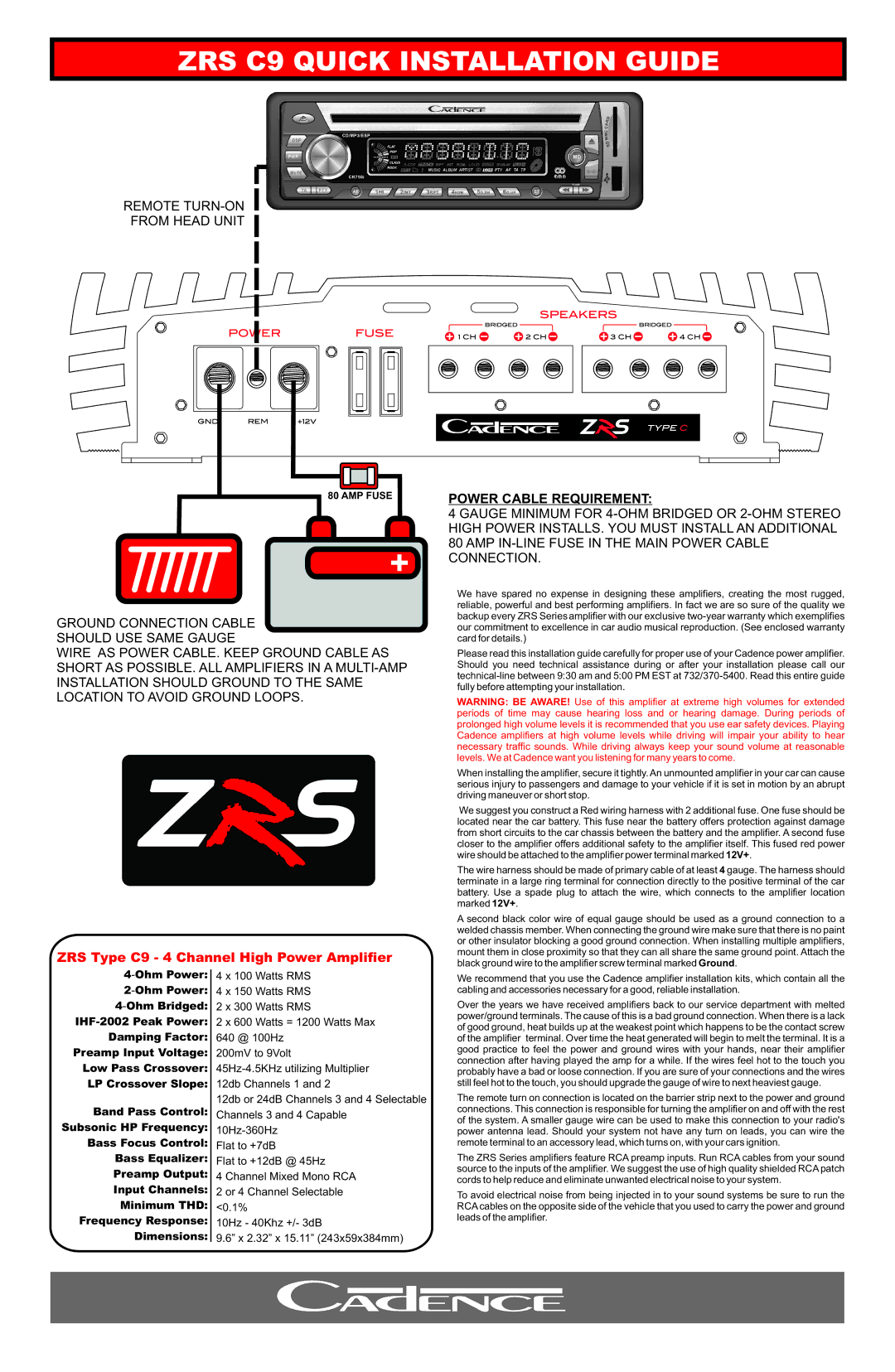 Cadence warranty ZRS C9 Quick Installation Guide, Power Cable Requirement 