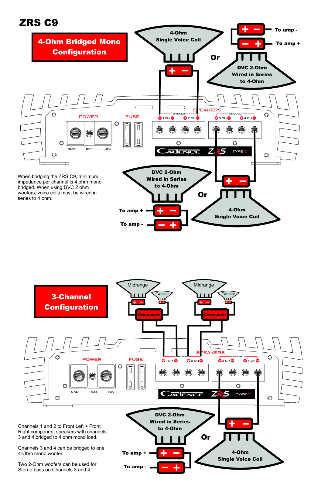 Cadence ZRS C9 warranty Ohm Bridged Mono Configuration, Channel Configuration 