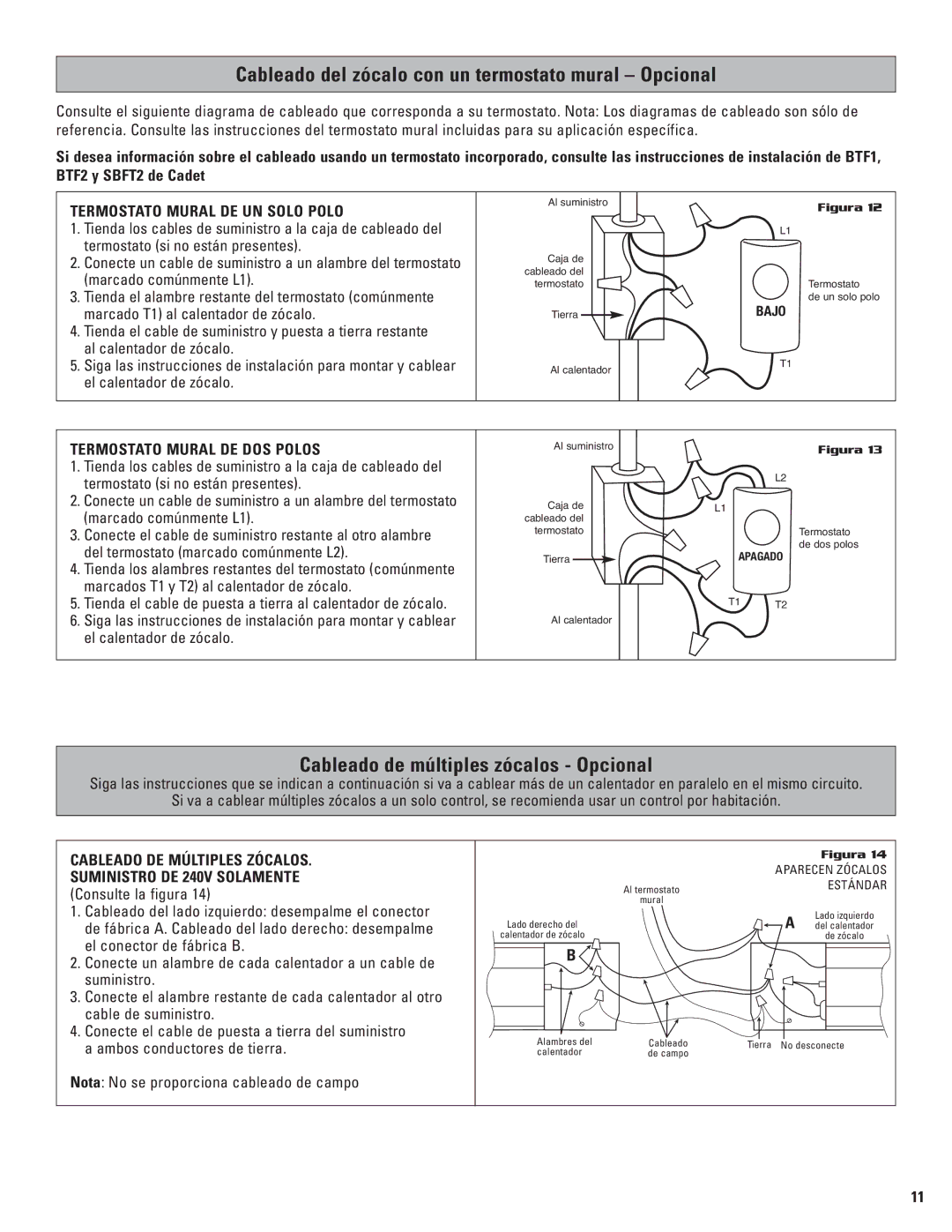 Cadet 8F2500, 5F1250-8, 4F1000, 2F350, 8F2000, 6F1500-8, 2F500 Termostato Mural DE UN Solo Polo, Termostato Mural DE DOS Polos 