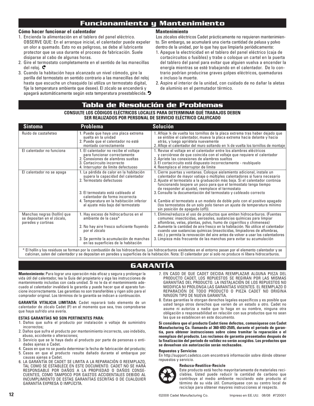 Cadet 10F2500, 5F1250-8, 4F1000, 2F350, 8F2000 Funcionamiento y Mantenimie nto, Tabla de Resolución de Problemas, Garantía 